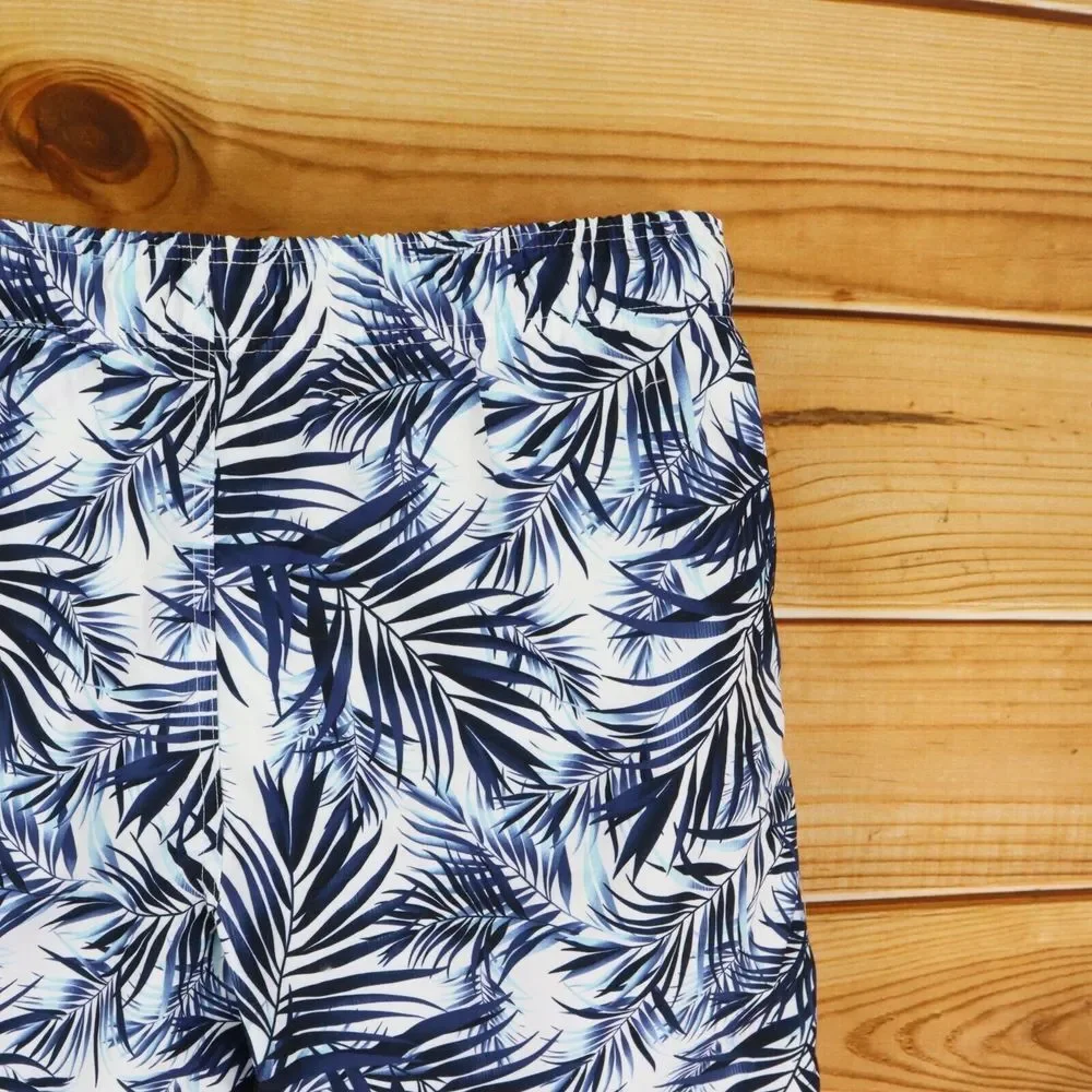 Dip Swim Trunks w/Liner Mens XL‎ Blue White Leaves UPF 50 Pockets Drawstring NWT